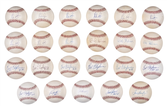 Lot of (23) Hall of Fame Pitchers Single Signed OAL Brown, OAL Budig & OML Selig Baseballs With Ryan, Gibson, Blyleven, Smoltz, Jenkins, Seaver & Koufax (Beckett PreCert)